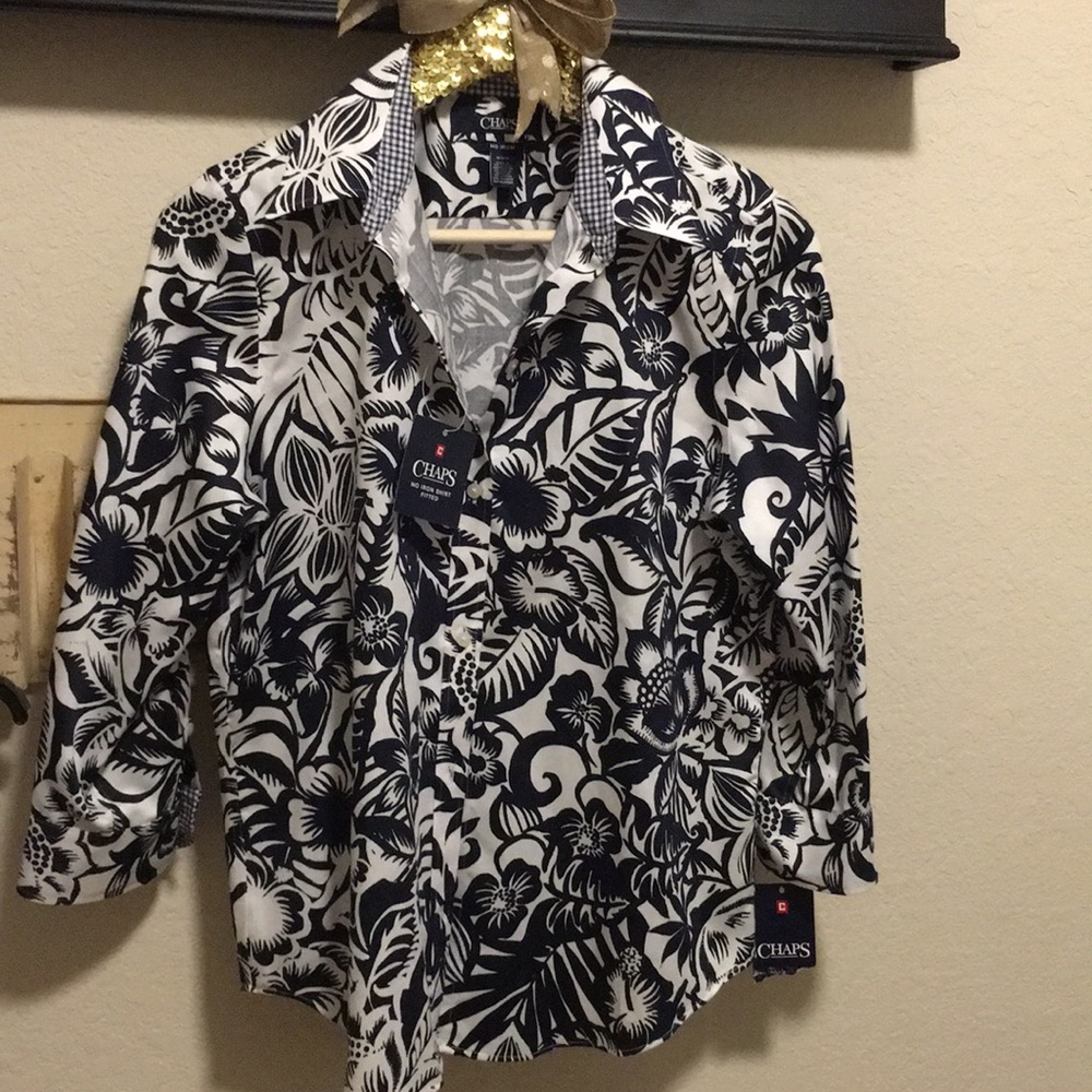 Chaps Navy/white button down 3/4 L Sleeves